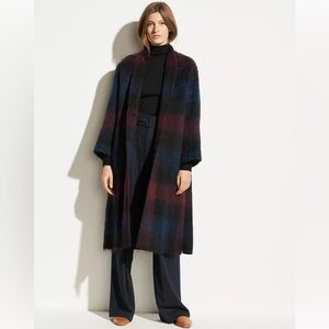 VINCE Brushed Plaid Long Coat